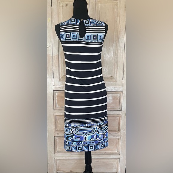 Emilio Pucci Sleeveless Shift Dress- Black, White & Blue Geometric Print - Picture 2 of 7